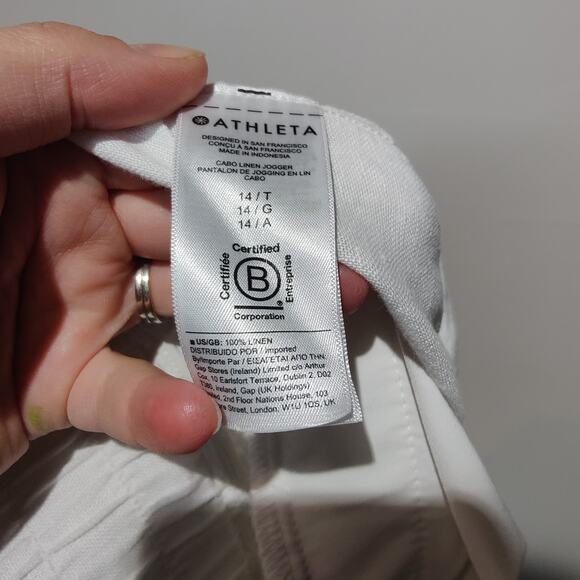 Athleta Women's Sz 14 Tall White Linen Jogger Pants Pull on Elastic Waist - Picture 5 of 7